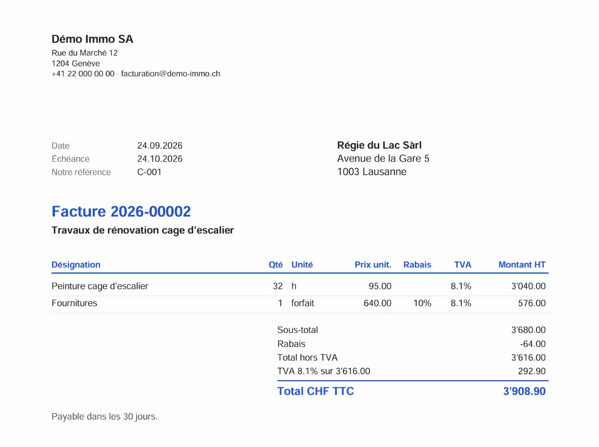 Exemple de facture Billix Evo de la société de démo « Démo Immo SA »